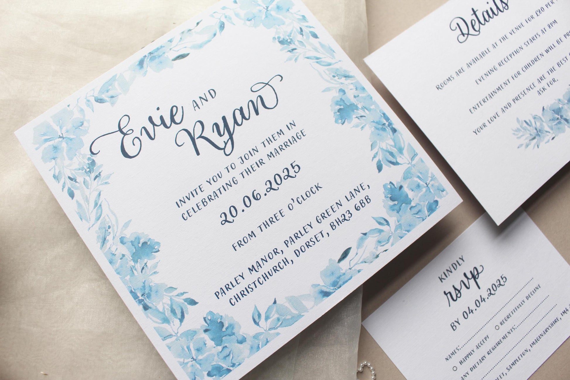 Navy Blue Floral Wedding Invitation, Square Invite, Wedding Stationery, Evening Reception