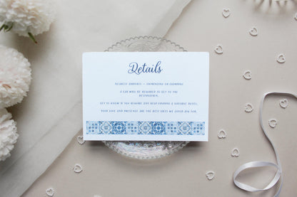Navy Blue Italian Tile Wedding Invitation, Square Invite, Wedding Stationery, RSVP, Details, Evening Reception