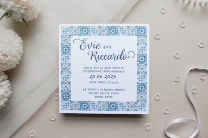 Navy Blue Italian Tile Wedding Invitation, Square Invite, Wedding Stationery, Evening Reception
