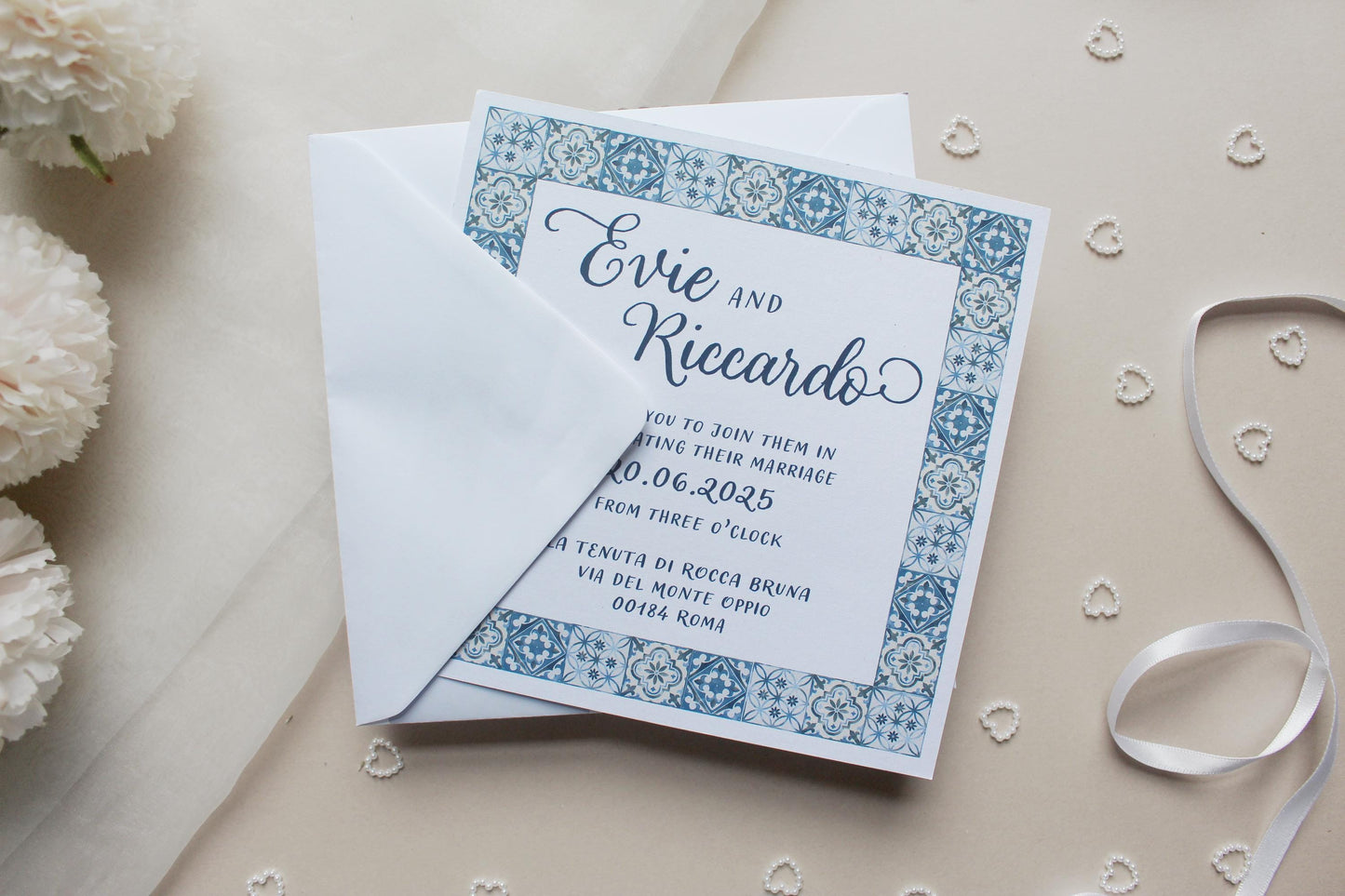Navy Blue Italian Tile Wedding Invitation, Square Invite, Wedding Stationery, RSVP, Details, Evening Reception