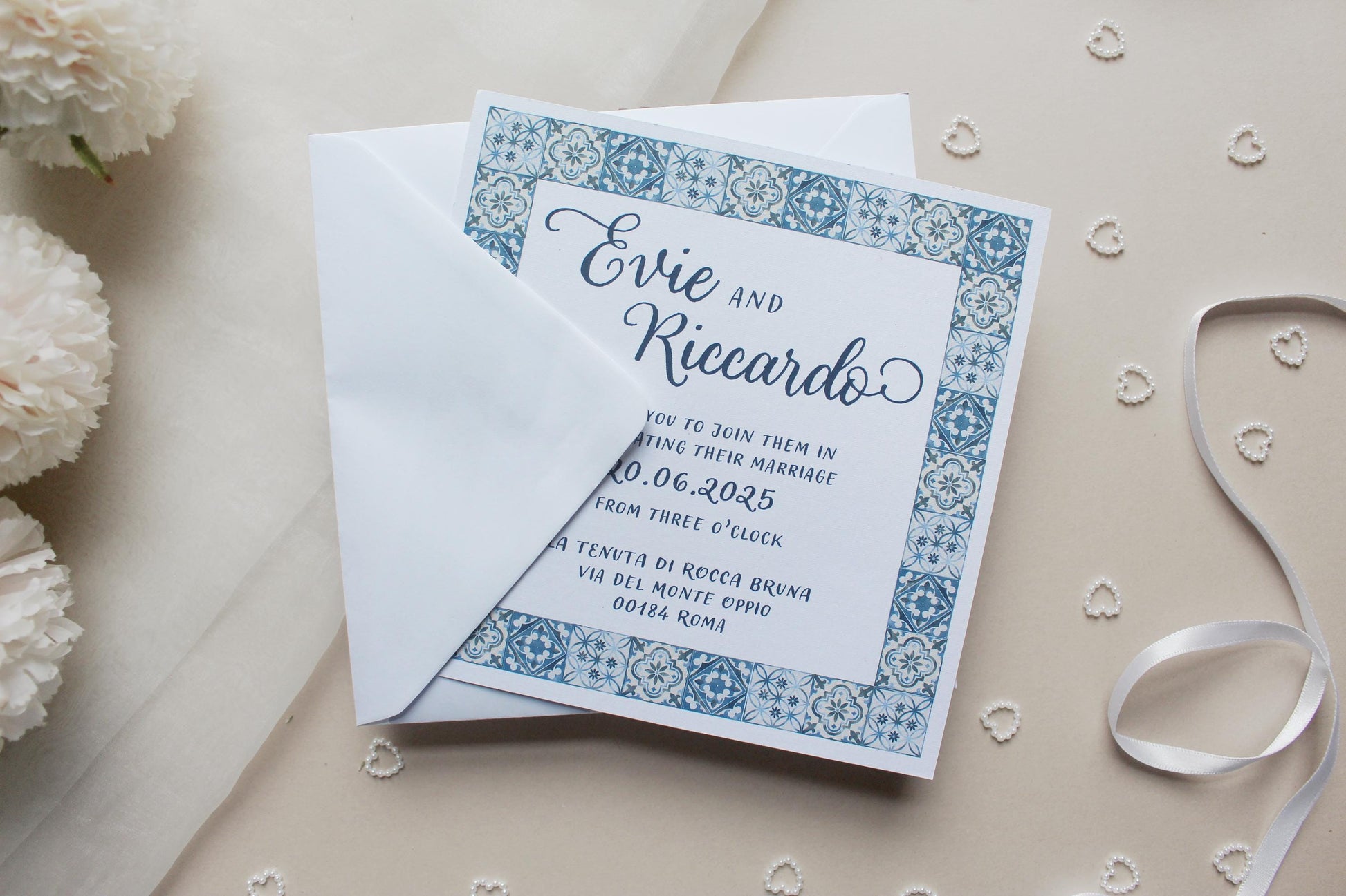 Navy Blue Italian Tile Wedding Invitation, Square Invite, Wedding Stationery, Evening Reception