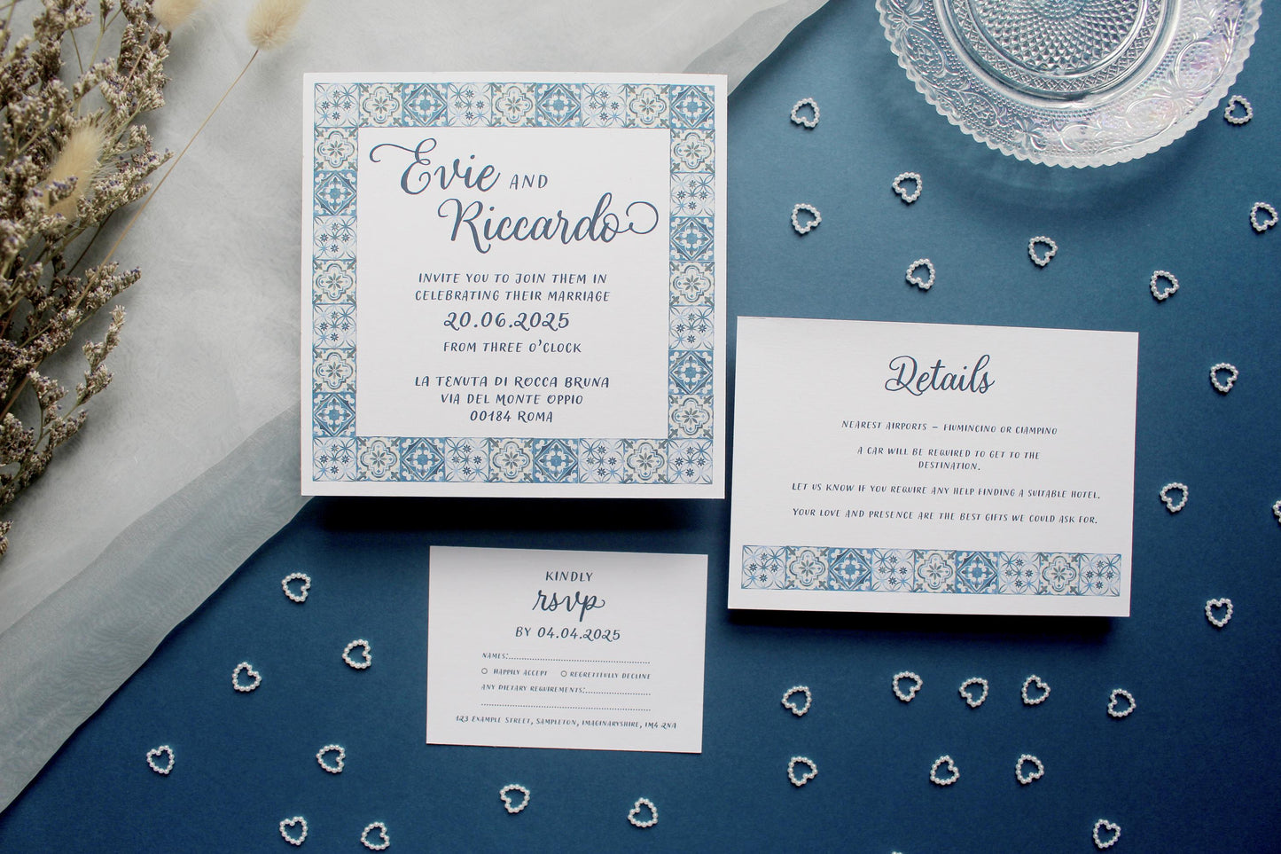 Navy Blue Italian Tile Wedding Invitation, Square Invite, Wedding Stationery, RSVP, Details, Evening Reception