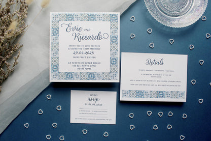Navy Blue Italian Tile Wedding Invitation, Square Invite, Wedding Stationery, RSVP, Details, Evening Reception
