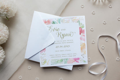 Pink Floral Wedding Invitation, Square Invite, Wedding Stationery, RSVP, Details, Evening Reception