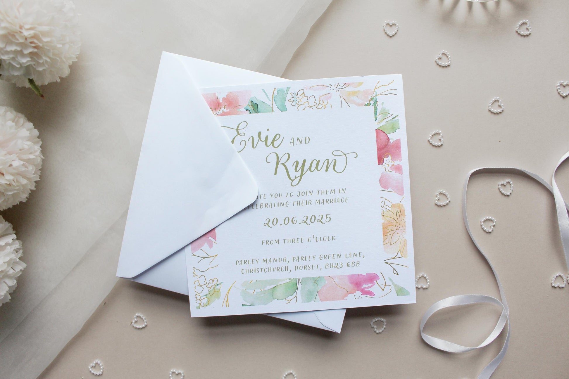 Pink Floral Wedding Invitation, Square Invite, Wedding Stationery, Evening Reception