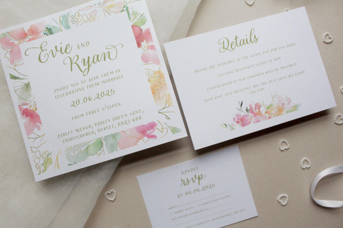 Pink Floral Wedding Invitation, Square Invite, Wedding Stationery, RSVP, Details, Evening Reception