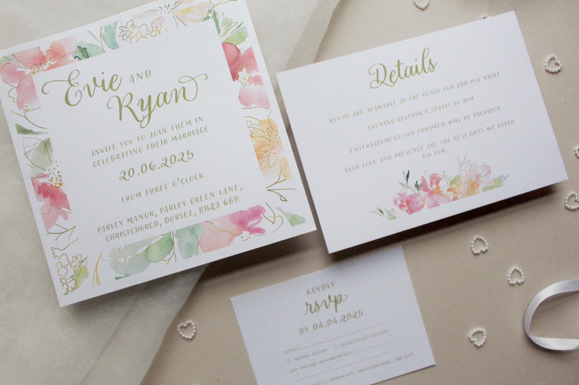 Pink Floral Wedding Invitation, Square Invite, Wedding Stationery, RSVP, Details, Evening Reception