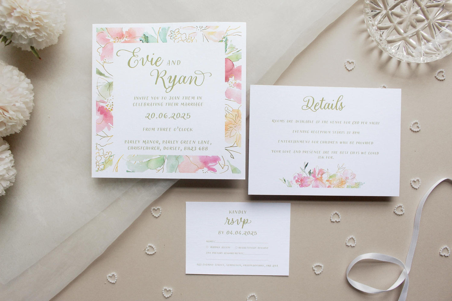 Pink Floral Wedding Invitation, Square Invite, Wedding Stationery, RSVP, Details, Evening Reception