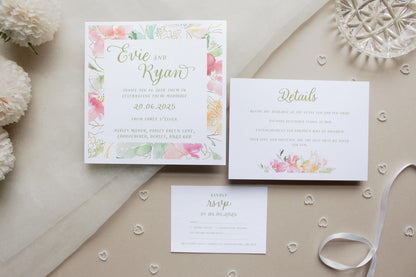 Pink Floral Wedding Invitation, Square Invite, Wedding Stationery, RSVP, Details, Evening Reception