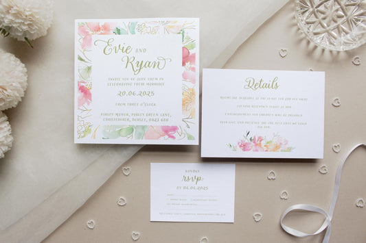 Pink Floral Wedding Invitation, Square Invite, Wedding Stationery, RSVP, Details, Evening Reception
