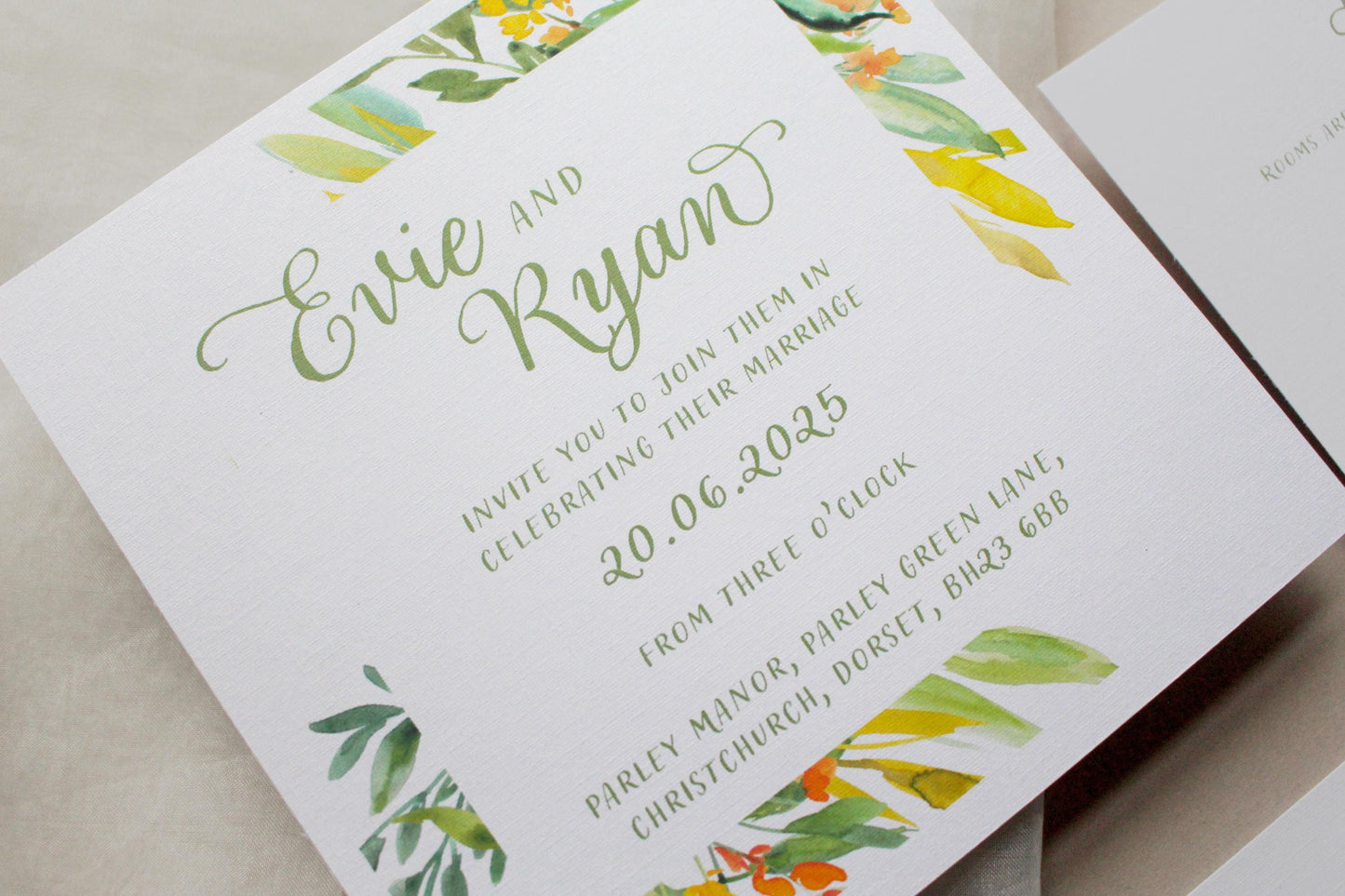 Greenery Yellow Floral Wedding Invitation, Square Invite, Wedding Stationery, RSVP, Details, Evening Reception