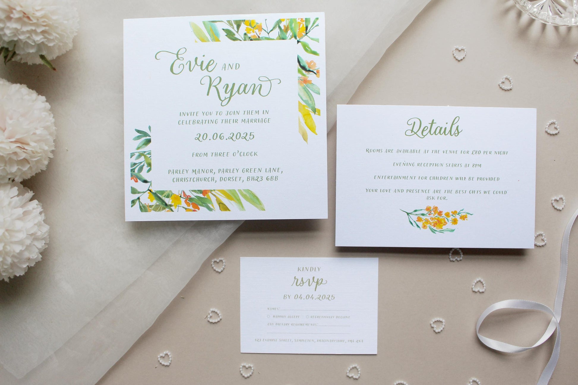 Greenery Yellow Floral Wedding Invitation, Square Invite, Wedding Stationery, RSVP, Details, Evening Reception