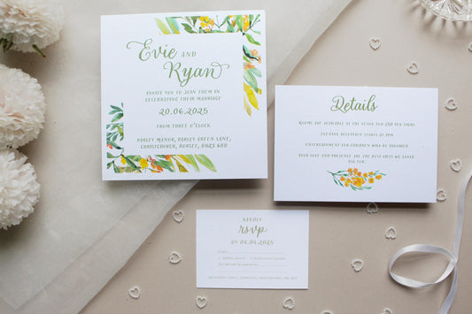 Greenery Yellow Floral Wedding Invitation, Square Invite, Wedding Stationery, RSVP, Details, Evening Reception