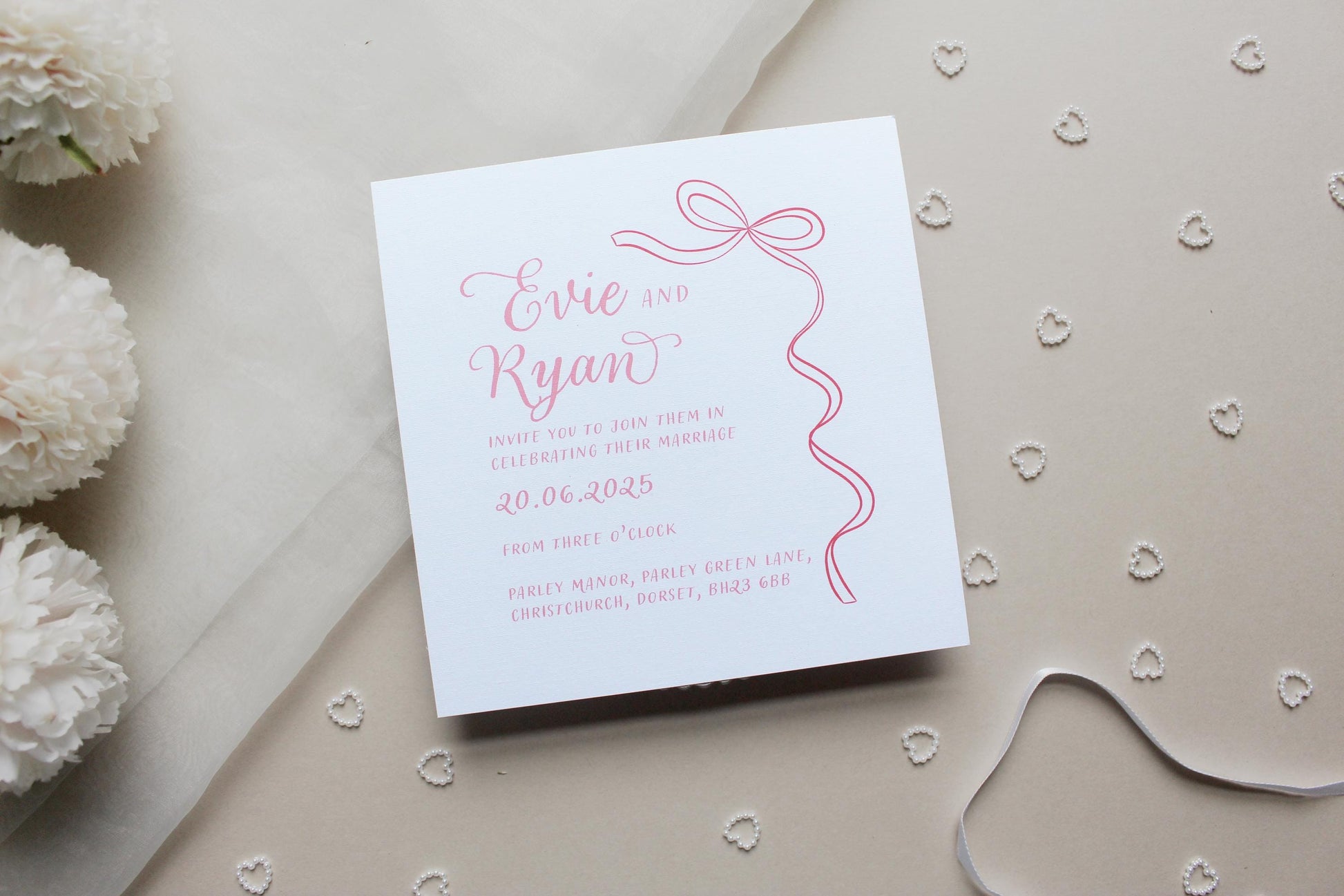 Ribbon Wedding Invitation, Square Invite, Wedding Stationery, RSVP, Details, Evening Reception