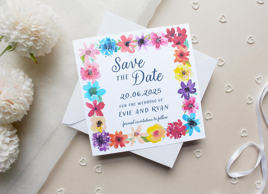 Bright Floral Save the Date Invitation, Square Invite, Wedding Stationery