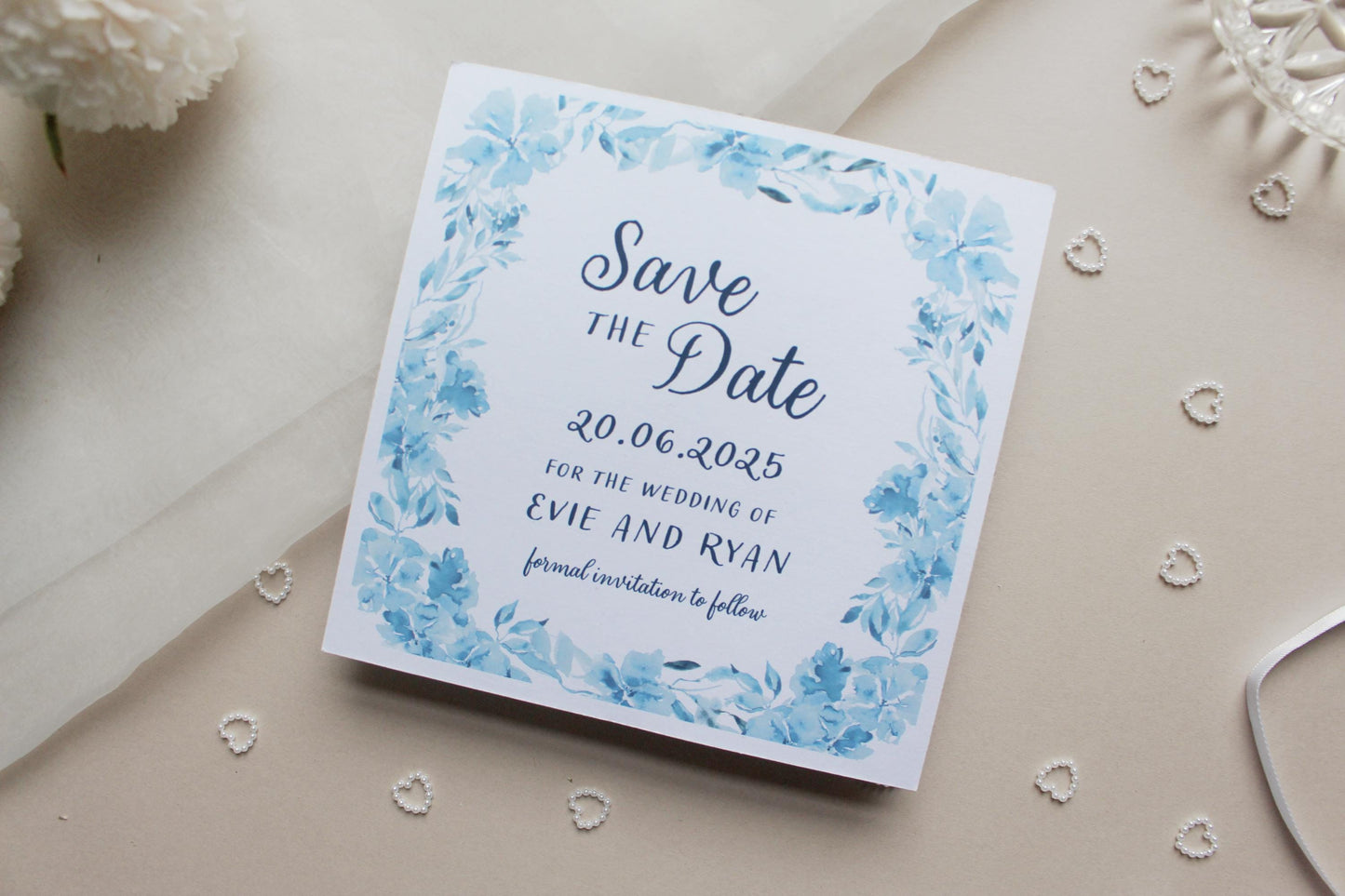 Navy Blue Floral Save the Date Invitation, Square Invite, Wedding Stationery
