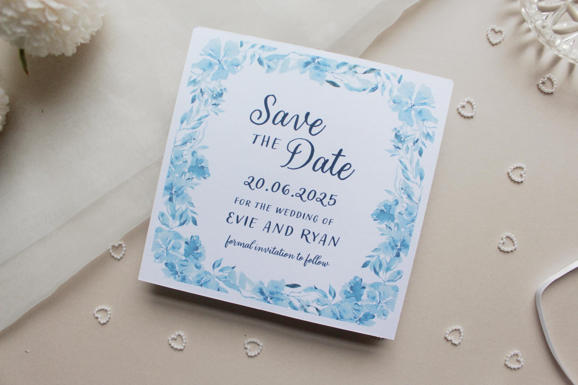 Navy Blue Floral Save the Date Invitation, Square Invite, Wedding Stationery