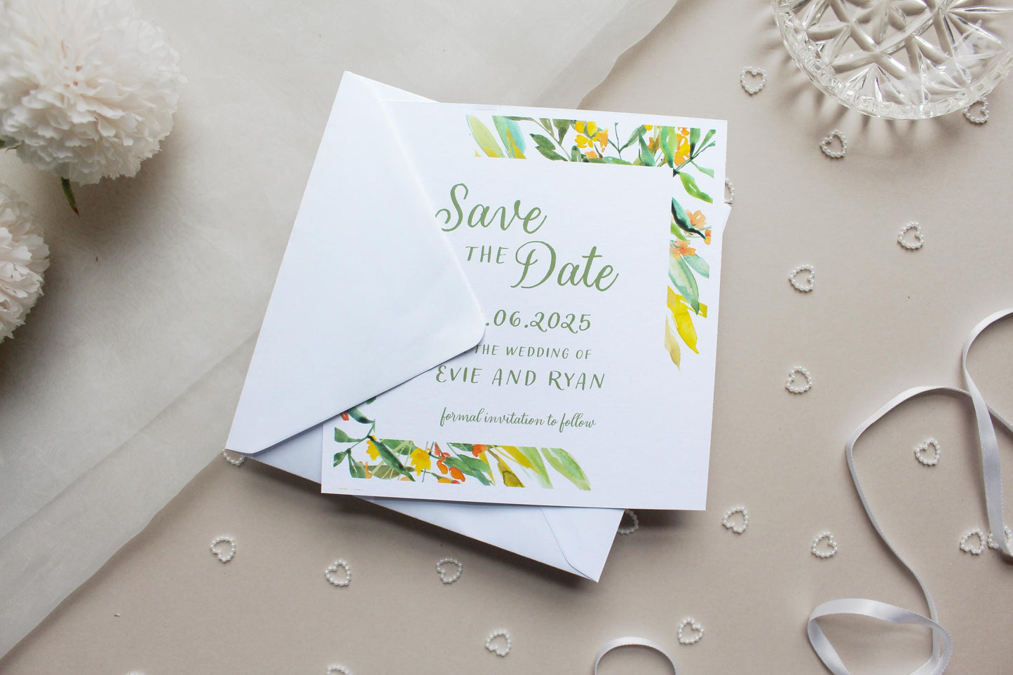 Greenery Yellow Save the Date Invitation, Square Invite, Wedding Stationery