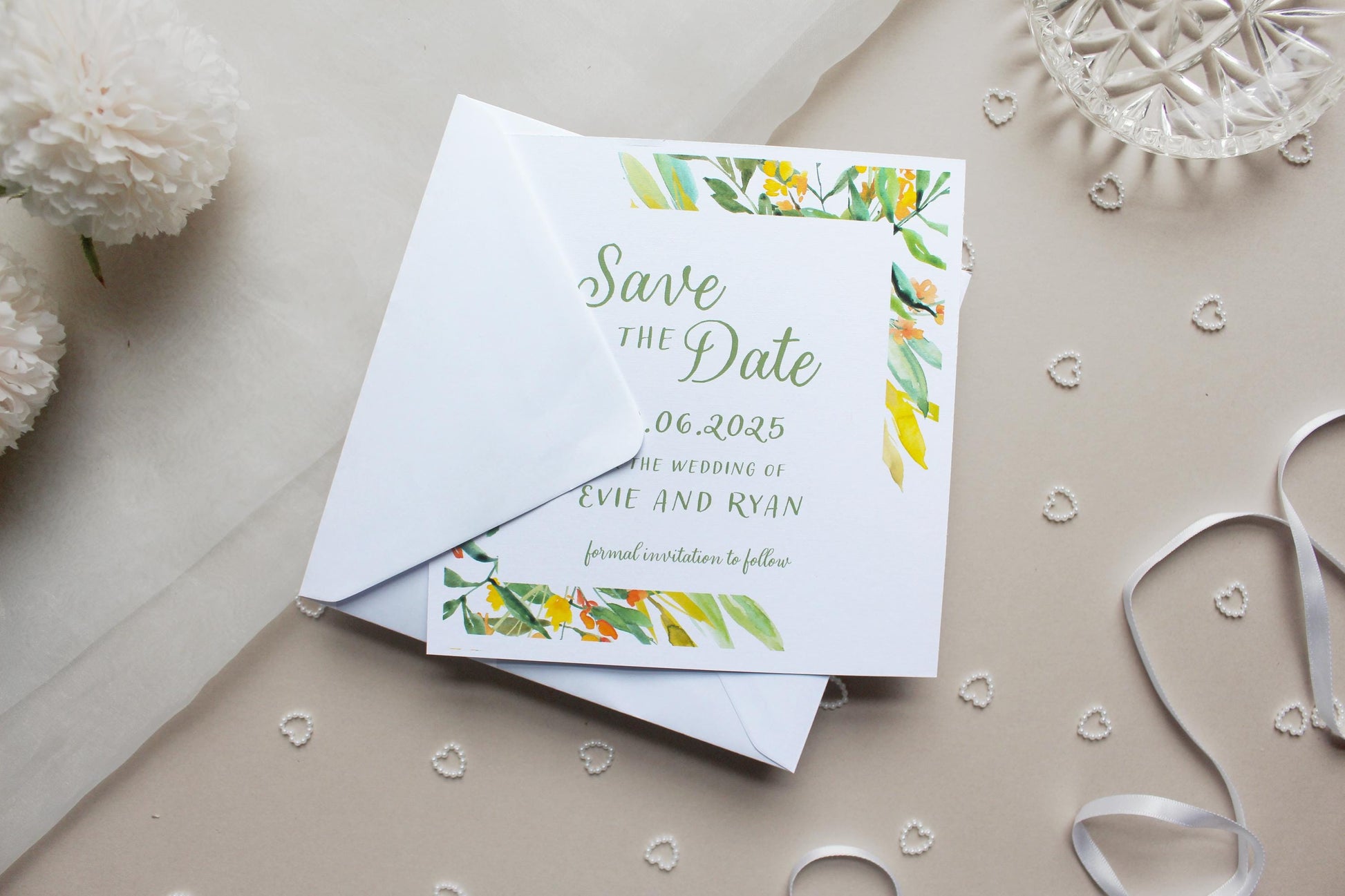 Greenery Yellow Save the Date Invitation, Square Invite, Wedding Stationery