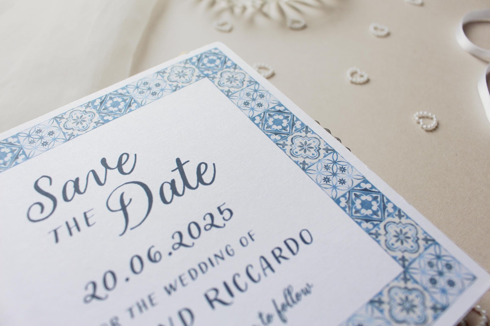 Navy Blue Italian Tile Save the Date Invitation, Square Invite, Wedding Stationery