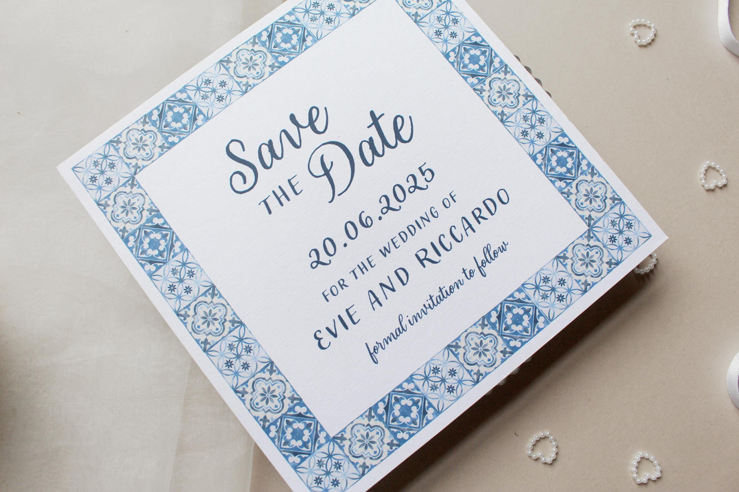 Navy Blue Italian Tile Save the Date Invitation, Square Invite, Wedding Stationery