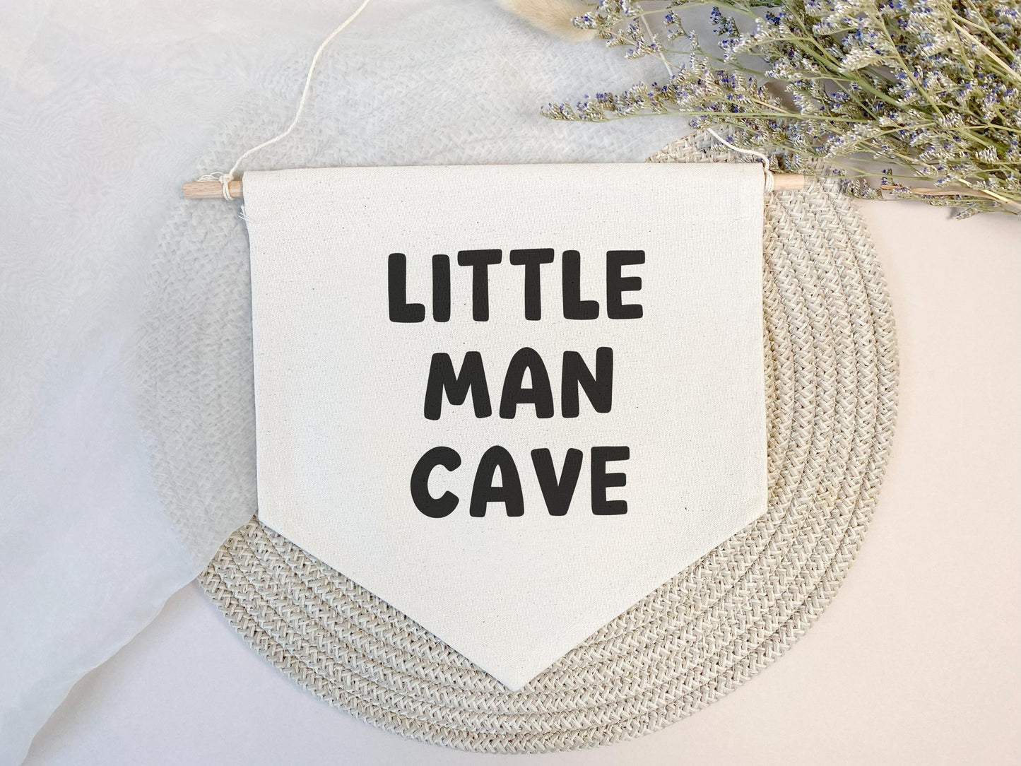 Little Man Cave Pennant Sign, Bedroom Wall Hanging, Playroom Canvas Banner, Gift for Him, Boy's Room