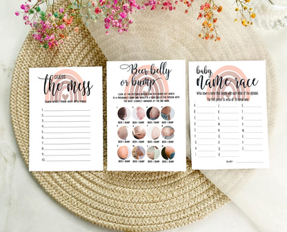 Blush Pink Rainbow Baby Shower Bundle, Prediction and Advice Cards Game, Mum To Be, Girl Baby Shower