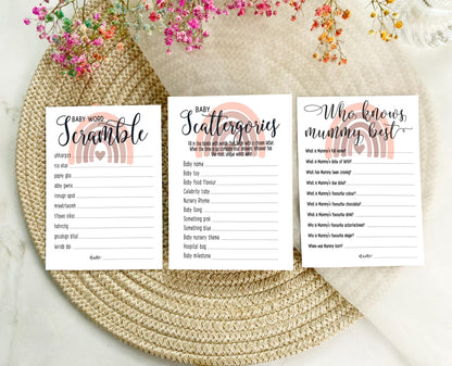 Blush Pink Rainbow Baby Shower Bundle, Prediction and Advice Cards Game, Mum To Be, Girl Baby Shower