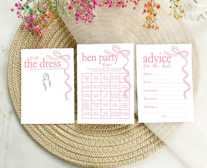 Hen do Party Games Bundle, Tie the Knot, Bridal Bingo, Advice, Guess the Dress, Would She Rather