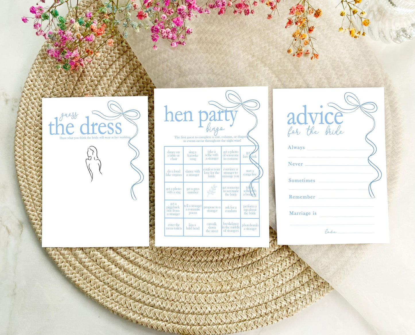 Hen do Party Games Bundle, Tie the Knot, Bridal Bingo, Advice, Guess the Dress, Would She Rather