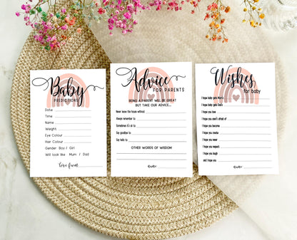 Blush Pink Rainbow Baby Shower Bundle, Prediction and Advice Cards Game, Mum To Be, Girl Baby Shower