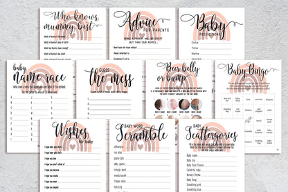 Blush Pink Rainbow Baby Shower Bundle, Prediction and Advice Cards Game, Mum To Be, Girl Baby Shower