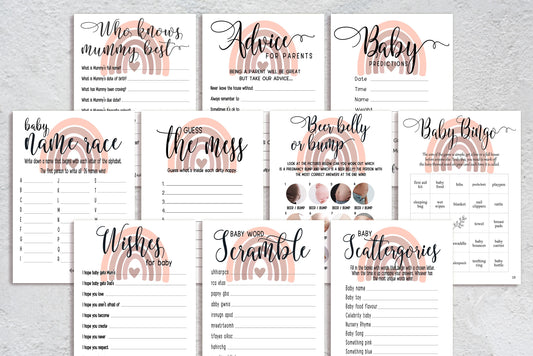 Blush Pink Rainbow Baby Shower Bundle, Prediction and Advice Cards Game, Mum To Be, Girl Baby Shower