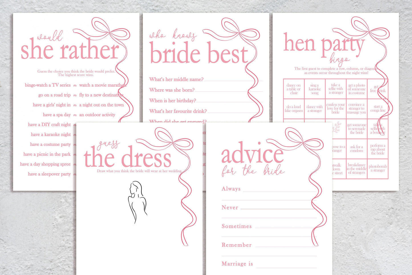 Hen do Party Games Bundle, Tie the Knot, Bridal Bingo, Advice, Guess the Dress, Would She Rather