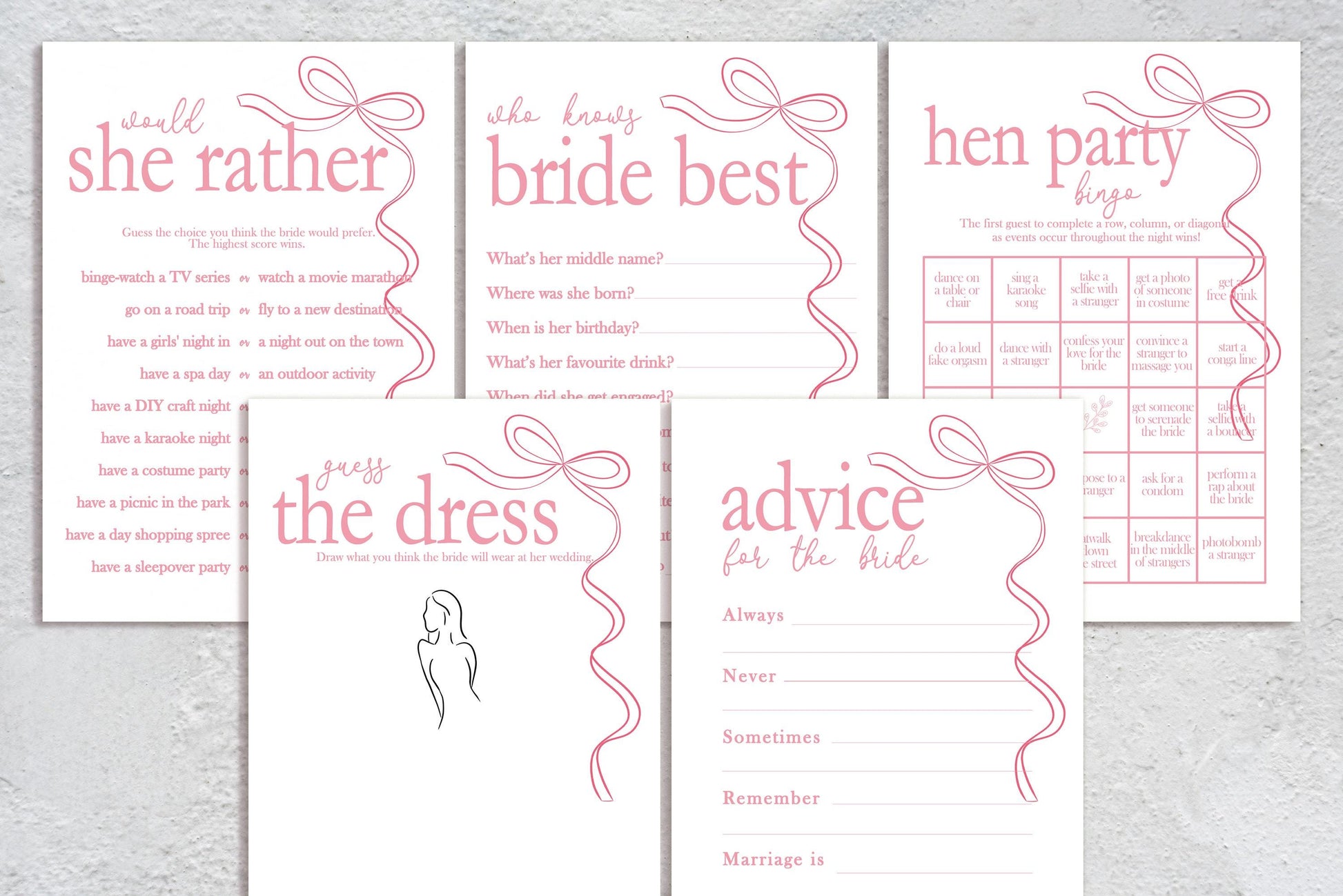 Hen do Party Games Bundle, Tie the Knot, Bridal Bingo, Advice, Guess the Dress, Would She Rather
