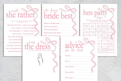 Hen do Party Games Bundle, Tie the Knot, Bridal Bingo, Advice, Guess the Dress, Would She Rather