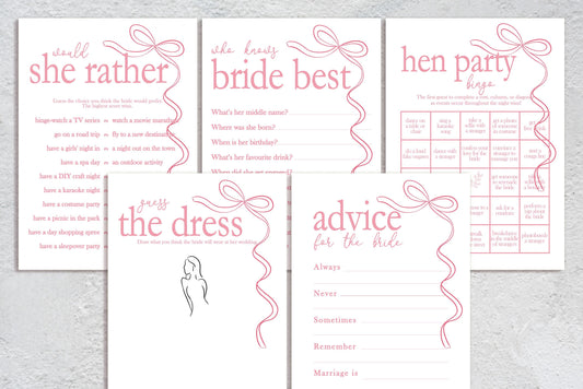 Hen do Party Games Bundle, Tie the Knot, Bridal Bingo, Advice, Guess the Dress, Would She Rather