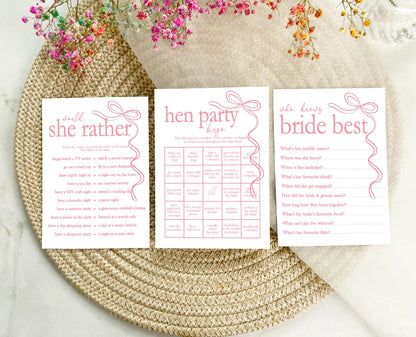 Hen do Party Games Bundle, Tie the Knot, Bridal Bingo, Advice, Guess the Dress, Would She Rather