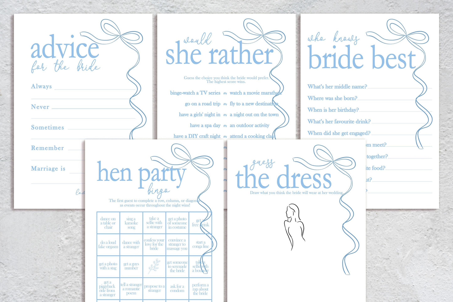 Hen do Party Games Bundle, Tie the Knot, Bridal Bingo, Advice, Guess the Dress, Would She Rather