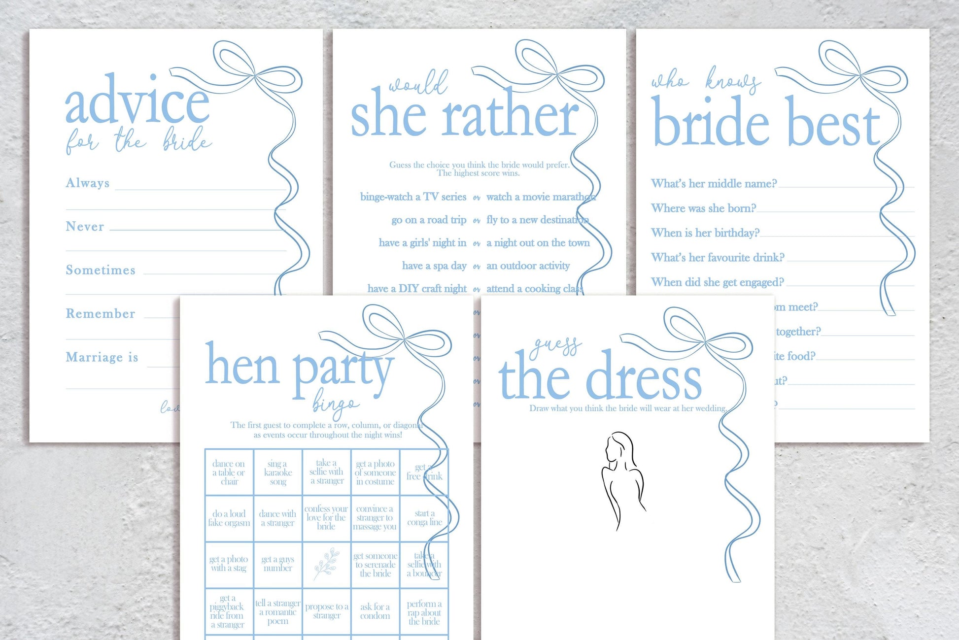 Hen do Party Games Bundle, Tie the Knot, Bridal Bingo, Advice, Guess the Dress, Would She Rather