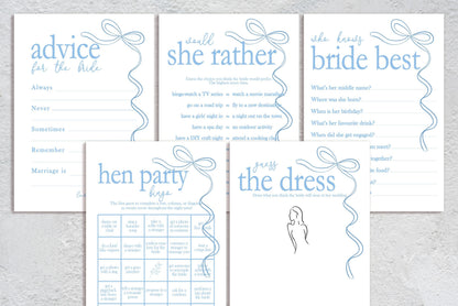 Hen do Party Games Bundle, Tie the Knot, Bridal Bingo, Advice, Guess the Dress, Would She Rather