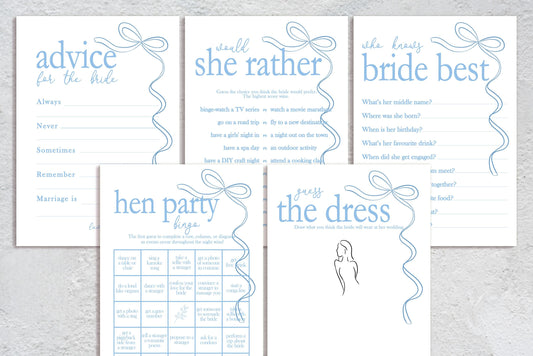 Hen do Party Games Bundle, Tie the Knot, Bridal Bingo, Advice, Guess the Dress, Would She Rather