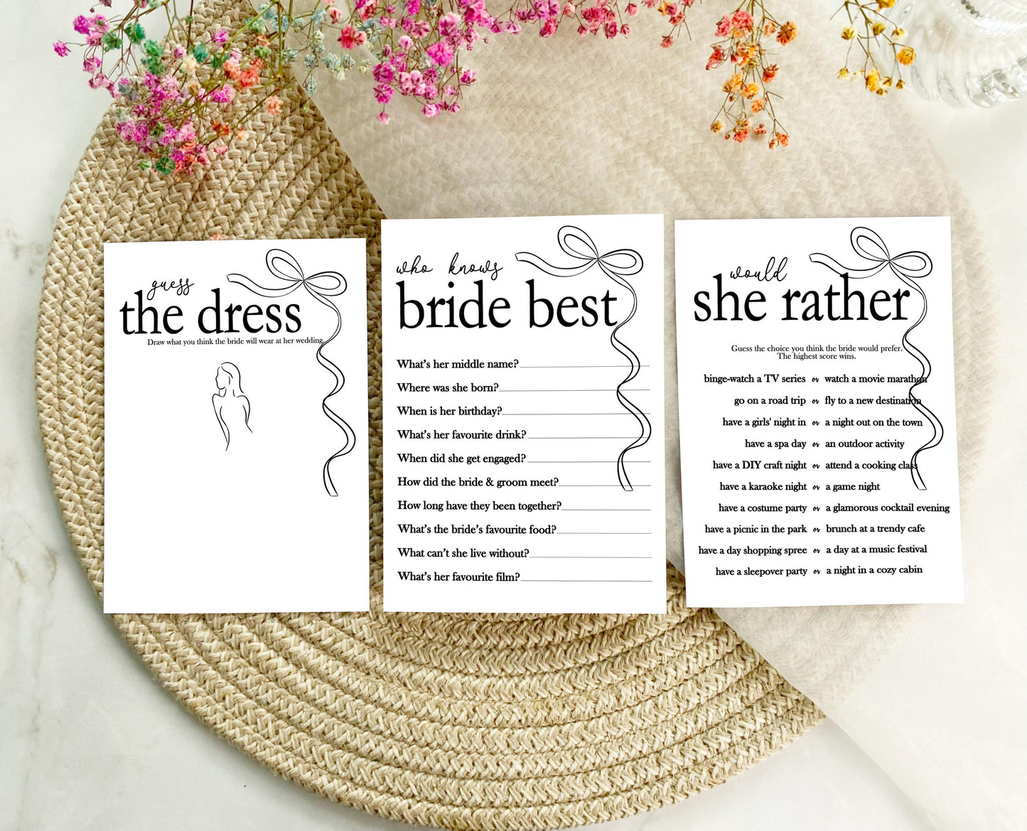 Hen do Party Games Bundle, Tie the Knot, Bridal Bingo, Advice, Guess the Dress, Would She Rather