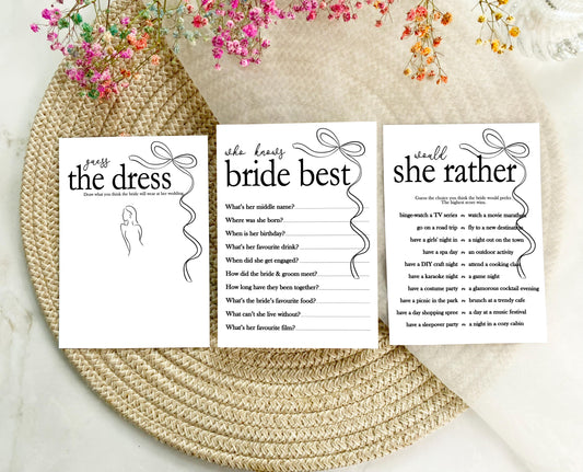 Hen do Party Games Bundle, Tie the Knot, Bridal Bingo, Advice, Guess the Dress, Would She Rather