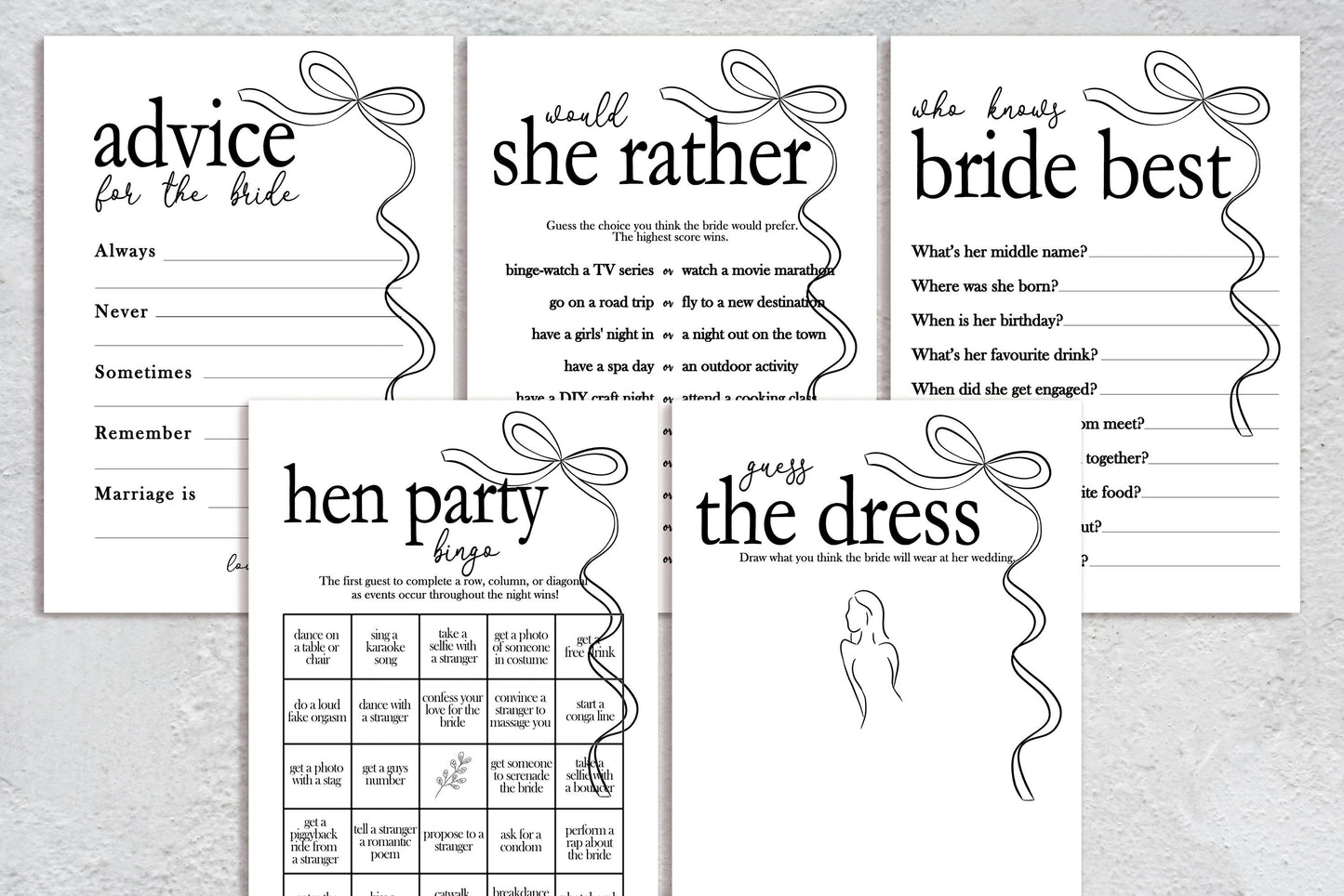 Hen do Party Games Bundle, Tie the Knot, Bridal Bingo, Advice, Guess the Dress, Would She Rather
