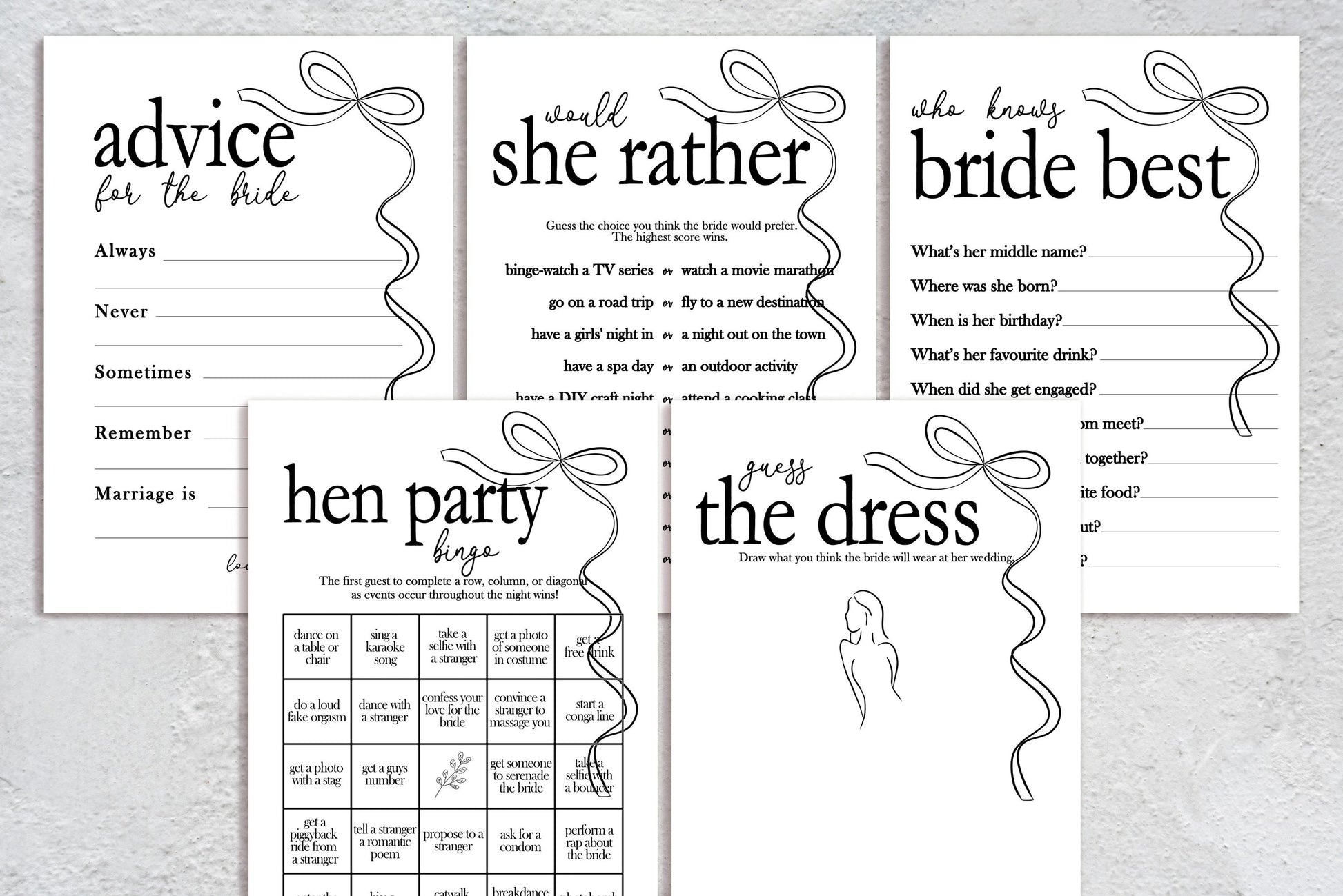 Hen do Party Games Bundle, Tie the Knot, Bridal Bingo, Advice, Guess the Dress, Would She Rather