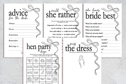 Hen do Party Games Bundle, Tie the Knot, Bridal Bingo, Advice, Guess the Dress, Would She Rather