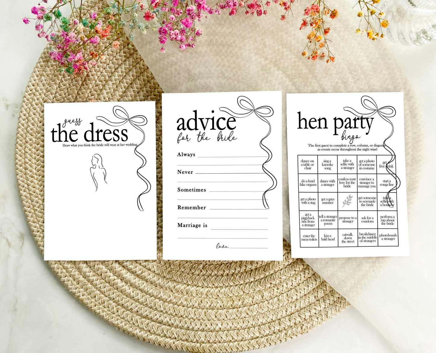 Hen do Party Games Bundle, Tie the Knot, Bridal Bingo, Advice, Guess the Dress, Would She Rather