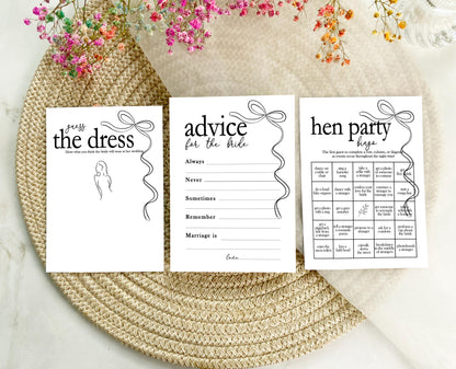 Hen do Party Games Bundle, Tie the Knot, Bridal Bingo, Advice, Guess the Dress, Would She Rather