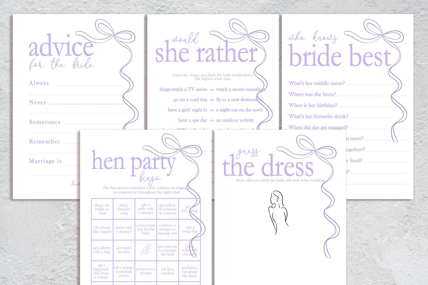 Hen do Party Games Bundle, Tie the Knot, Bridal Bingo, Advice, Guess the Dress, Would She Rather